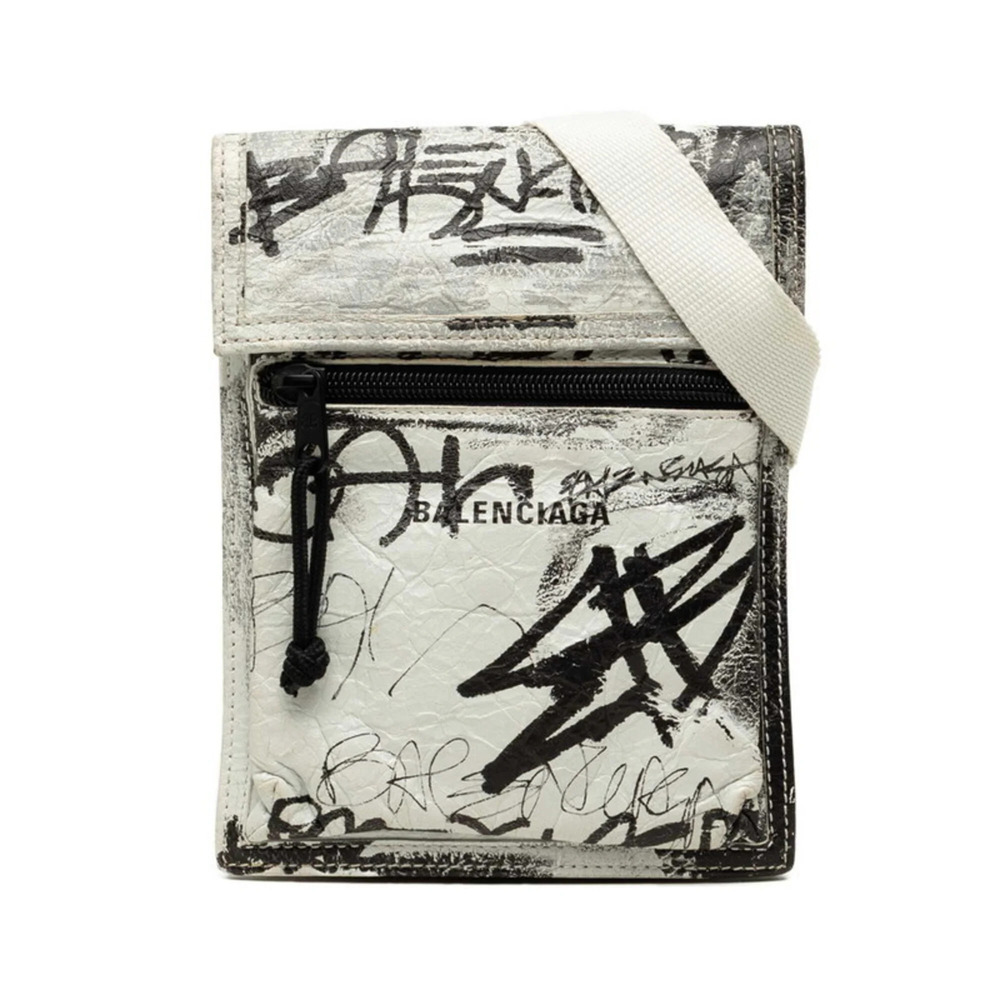 Balenciaga Graffiti Explorer Crossbody Shoulder Bag, White & Black Leather, W...